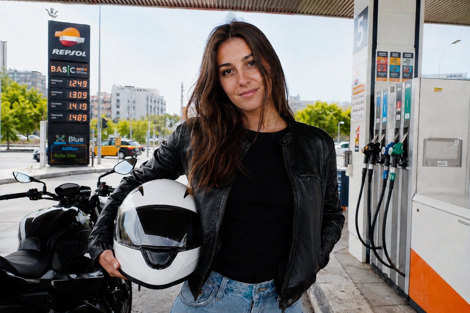 Motorista con su casco en una estación de servicio